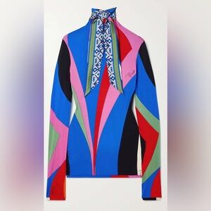 EMILIO PUCCI Tie-Detailed Printed Silk-Twill Trimmed Stretch-Jersey Top